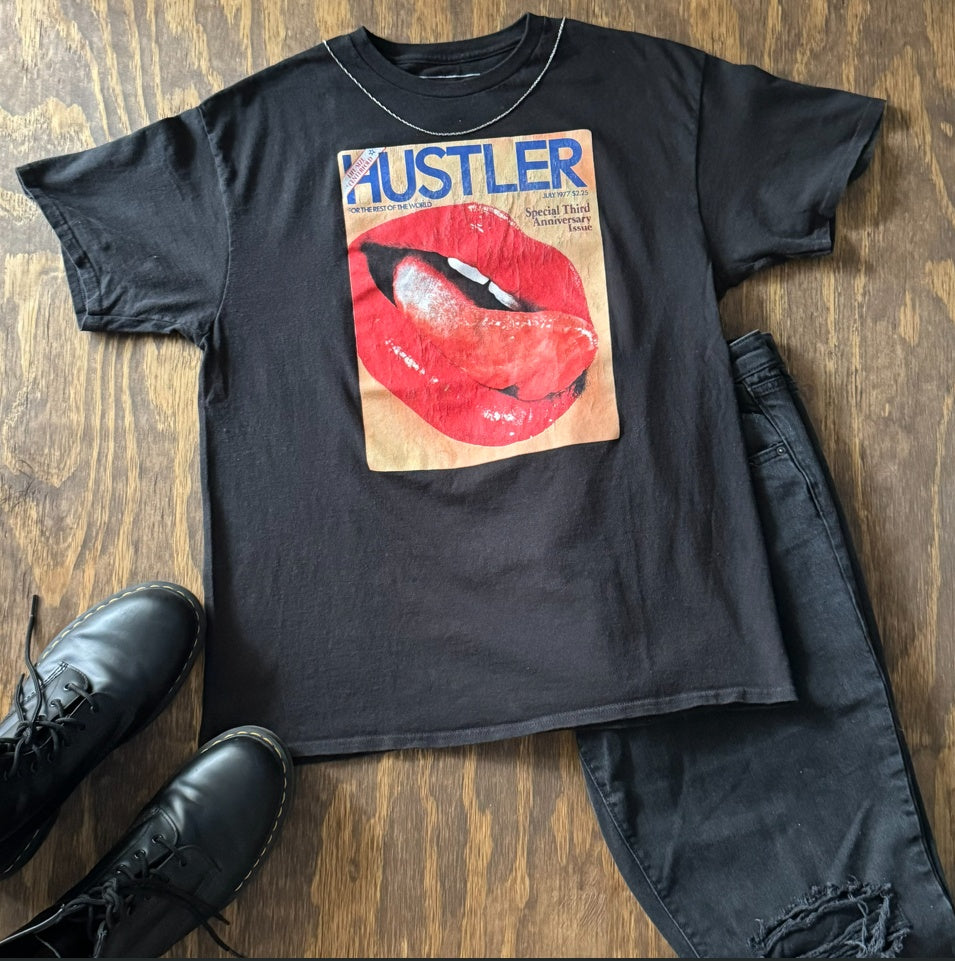Hustler Magazine Graphic T Shirt Large Black 1977 Cover Lips Tee Adult Novelty