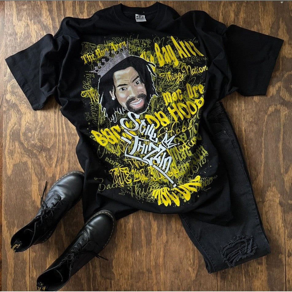 Mac Dre Thizz Nation Graphic Tee Men's 4XL Black Yellow Rhinestone Crown NWOT