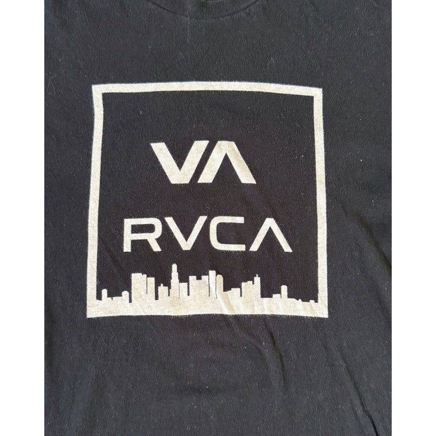 RVCA VA Logo City Skyline Tee Large Black Vintage Wash Graphic T-Shirt