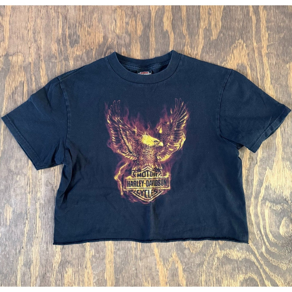 2009 Harley Davidson Lancaster Eagle Flame Crop Top Shirt Women's Boxy Tee