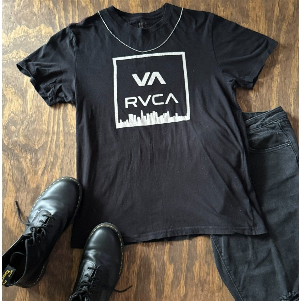 RVCA VA Logo City Skyline Tee Large Black Vintage Wash Graphic T-Shirt