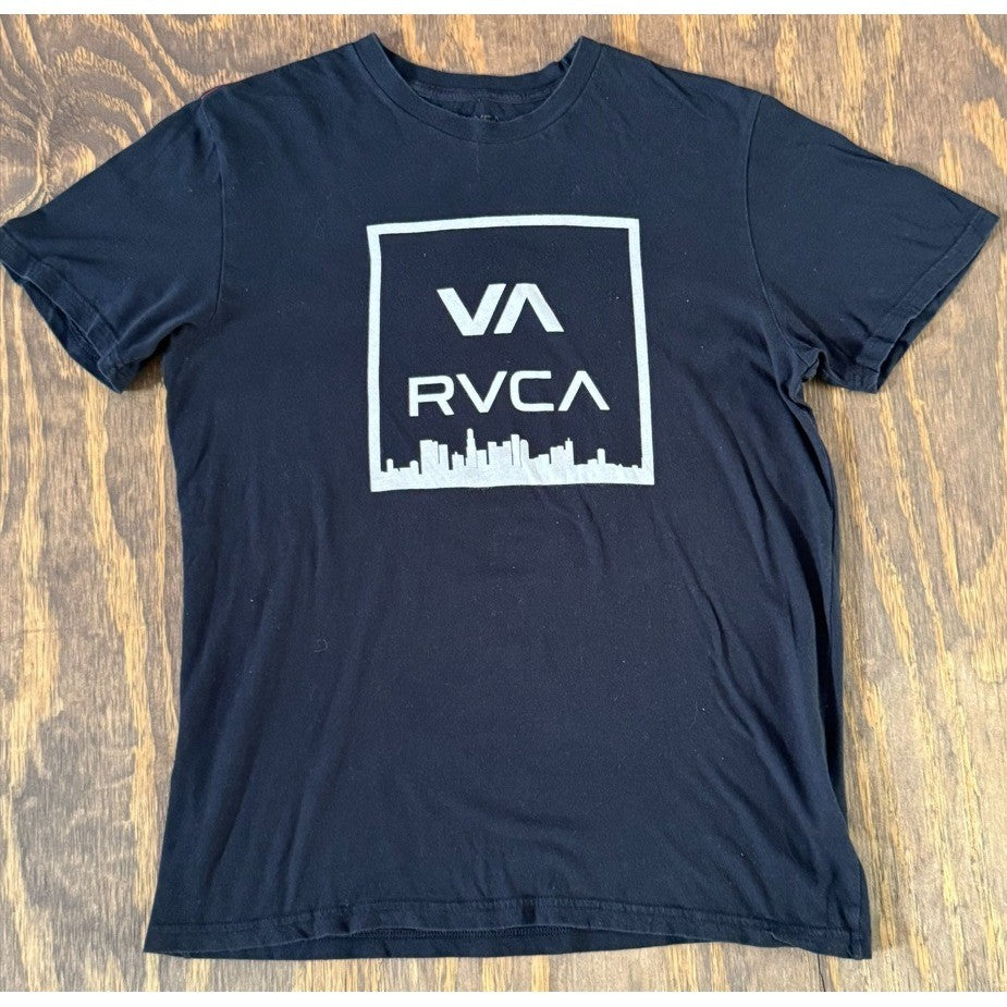 RVCA VA Logo City Skyline Tee Large Black Vintage Wash Graphic T-Shirt