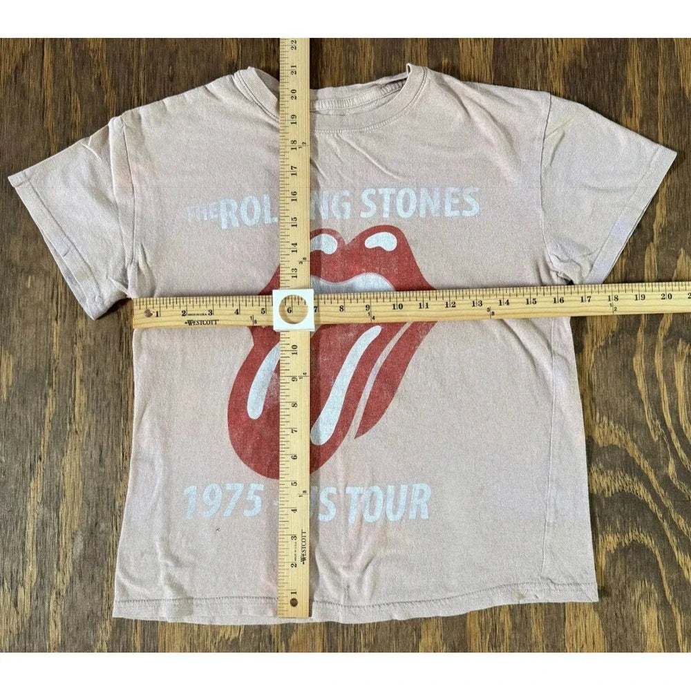 Report Rolling Stones 1975 US Tour Graphic Tee XS Faded Beige Distressed Band Shirt