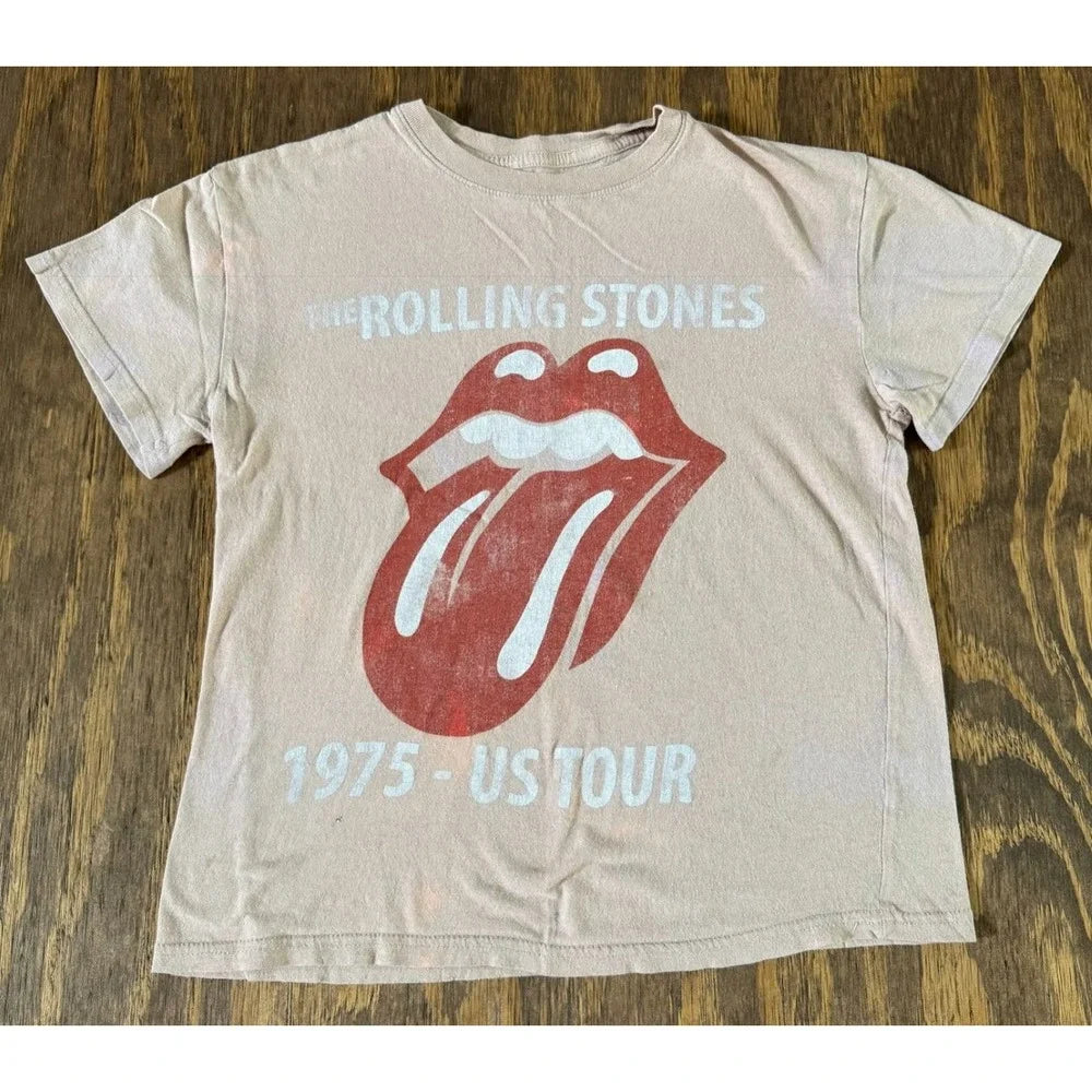 Report Rolling Stones 1975 US Tour Graphic Tee XS Faded Beige Distressed Band Shirt