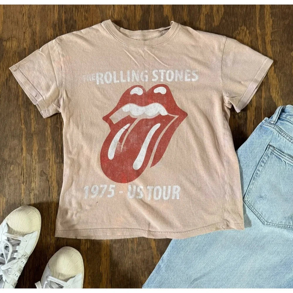 Report Rolling Stones 1975 US Tour Graphic Tee XS Faded Beige Distressed Band Shirt