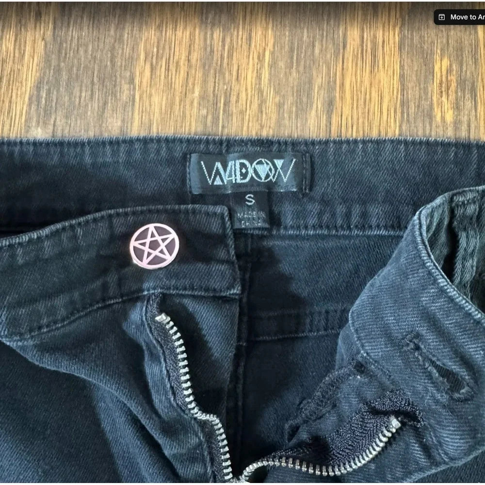 Widow Black Denim Micro Mini Skirt S Pentagram Button Raw Hem Goth Grunge