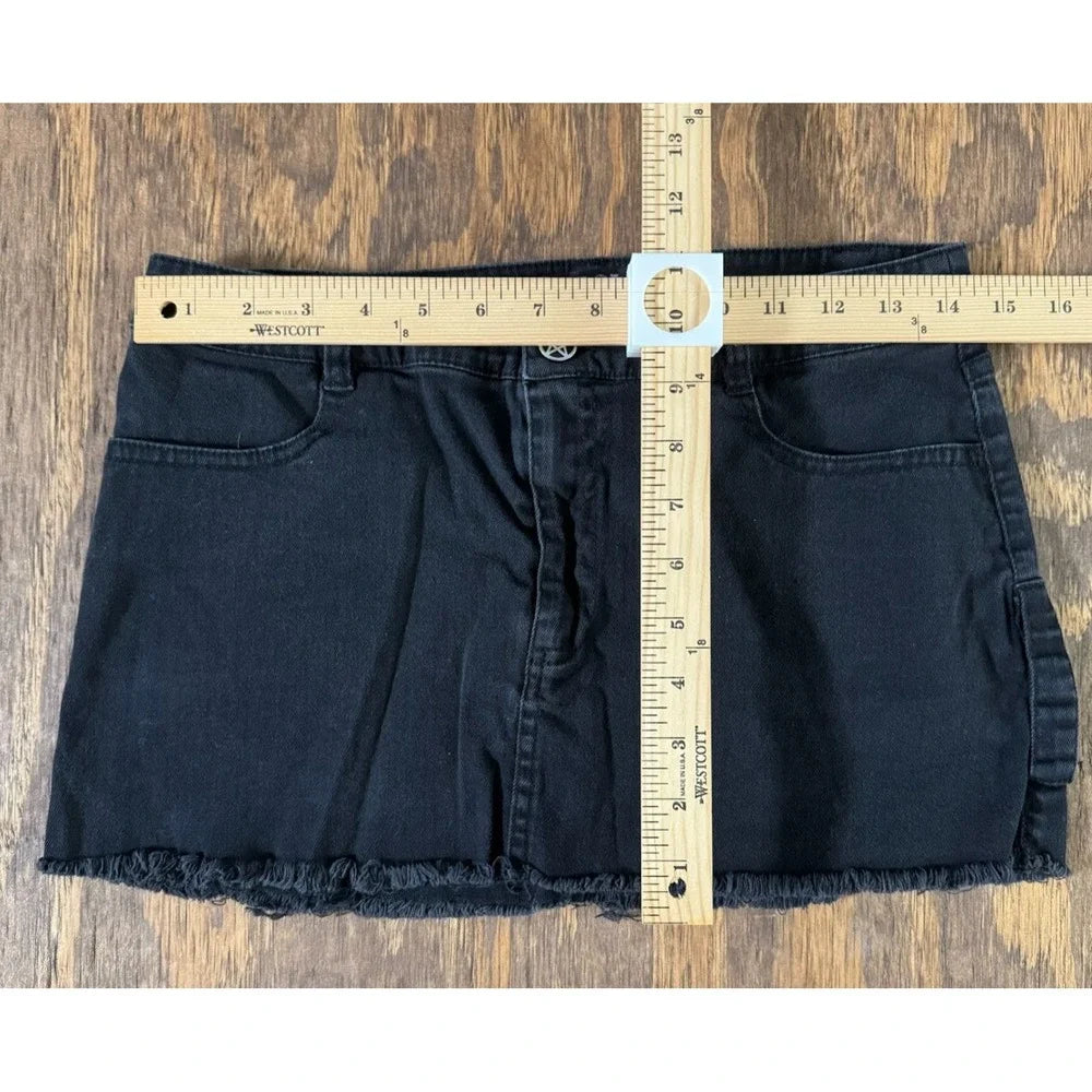 Widow Black Denim Micro Mini Skirt S Pentagram Button Raw Hem Goth Grunge