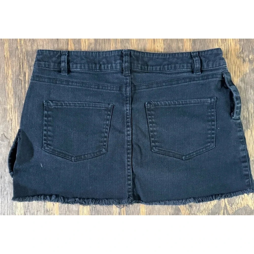 Widow Black Denim Micro Mini Skirt S Pentagram Button Raw Hem Goth Grunge