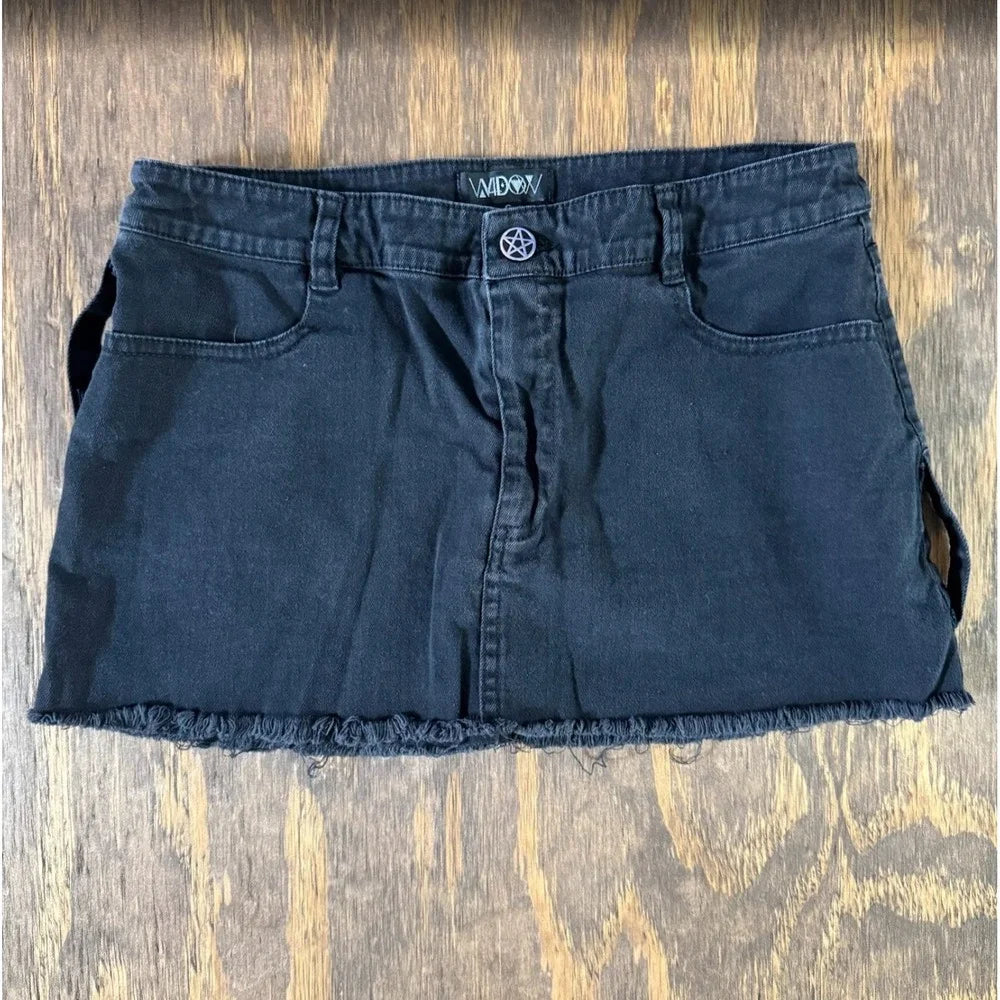 Widow Black Denim Micro Mini Skirt S Pentagram Button Raw Hem Goth Grunge