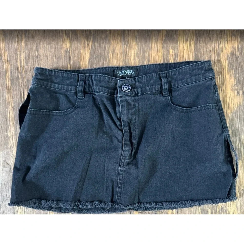 Widow Black Denim Micro Mini Skirt S Pentagram Button Raw Hem Goth Grunge