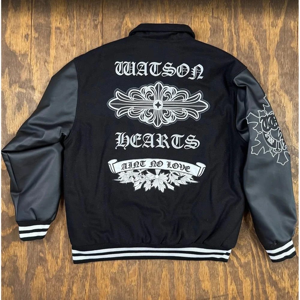 NWT Watson Hearts Varsity Jacket 3XL Black Embroidered Faux Leather Gothic