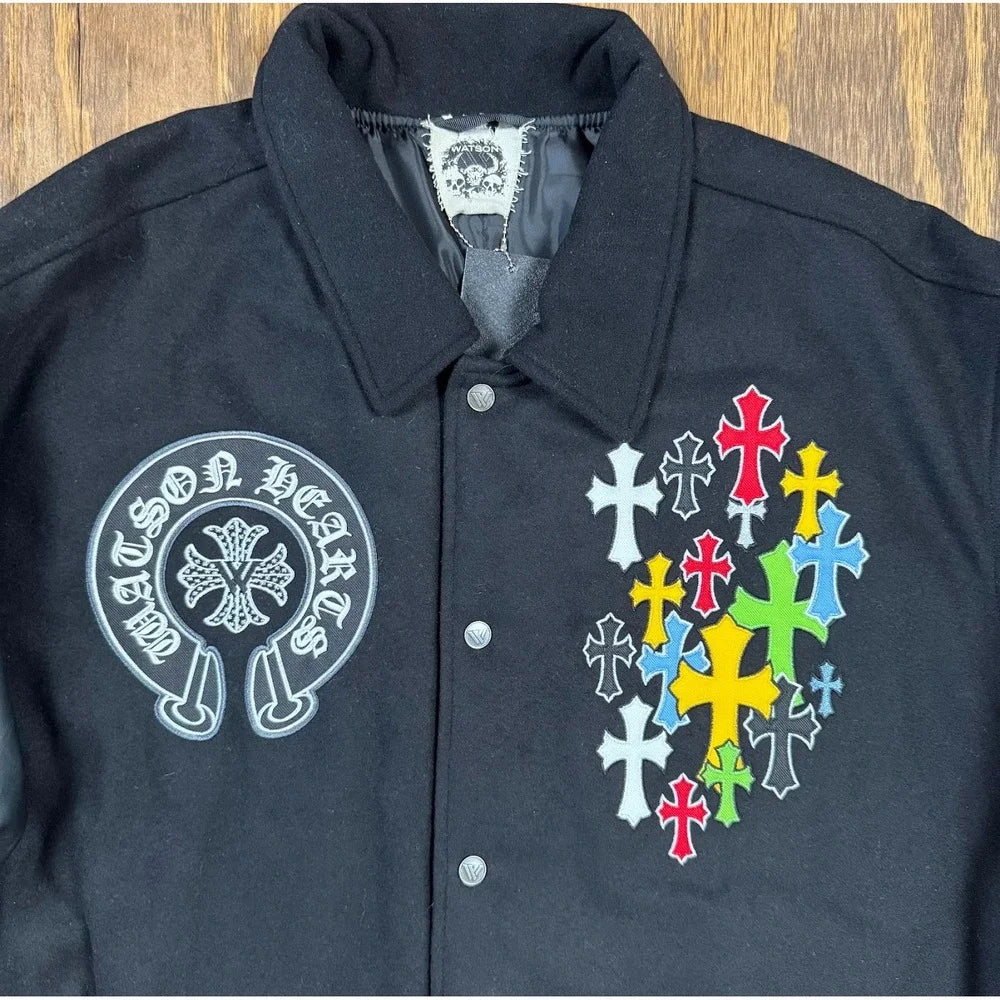 NWT Watson Hearts Varsity Jacket 3XL Black Embroidered Faux Leather Gothic