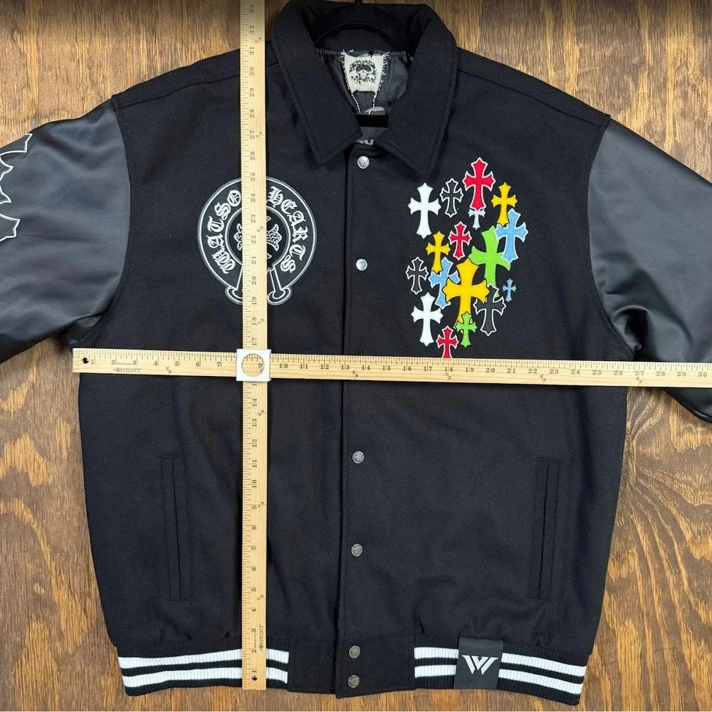 NWT Watson Hearts Varsity Jacket 3XL Black Embroidered Faux Leather Gothic