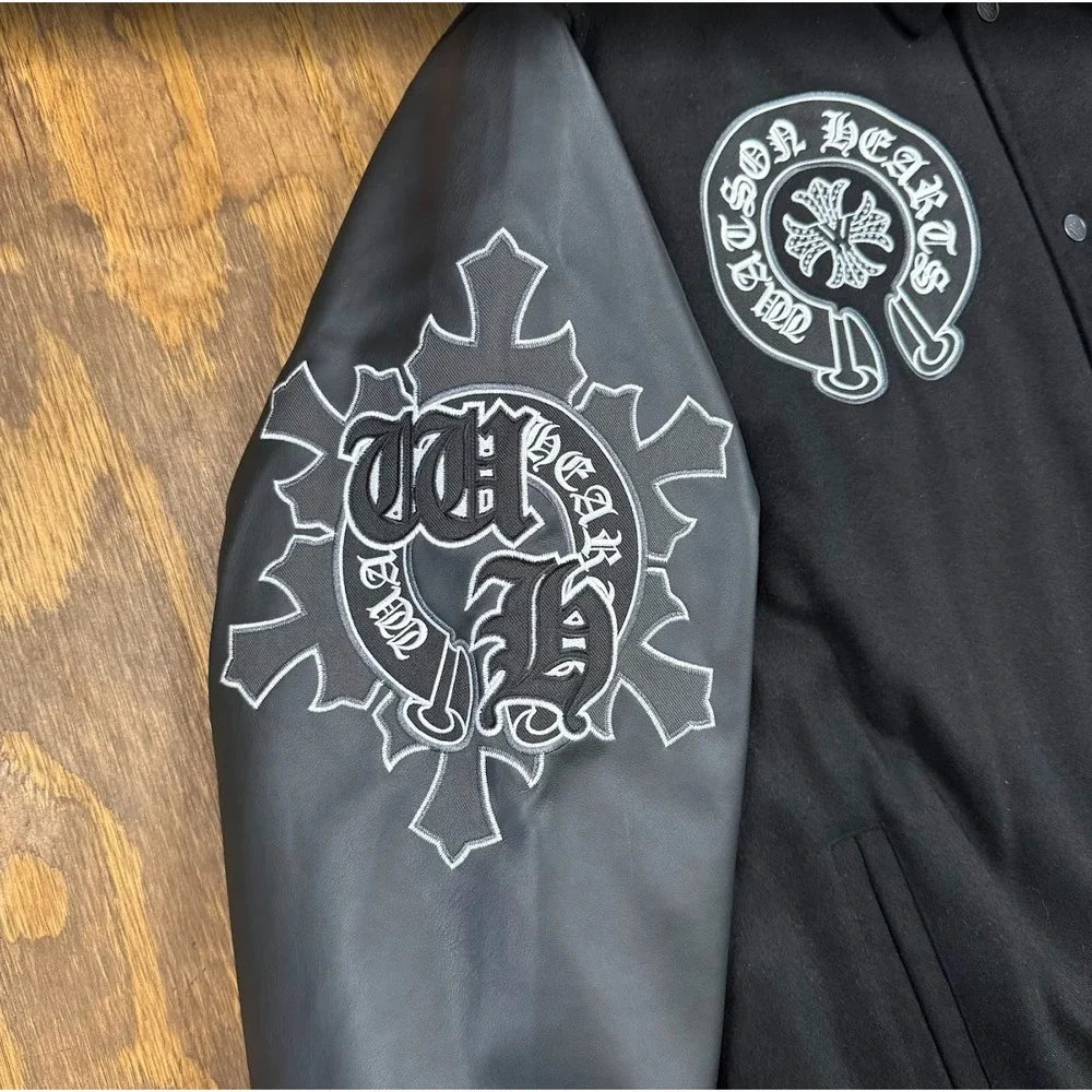NWT Watson Hearts Varsity Jacket 3XL Black Embroidered Faux Leather Gothic