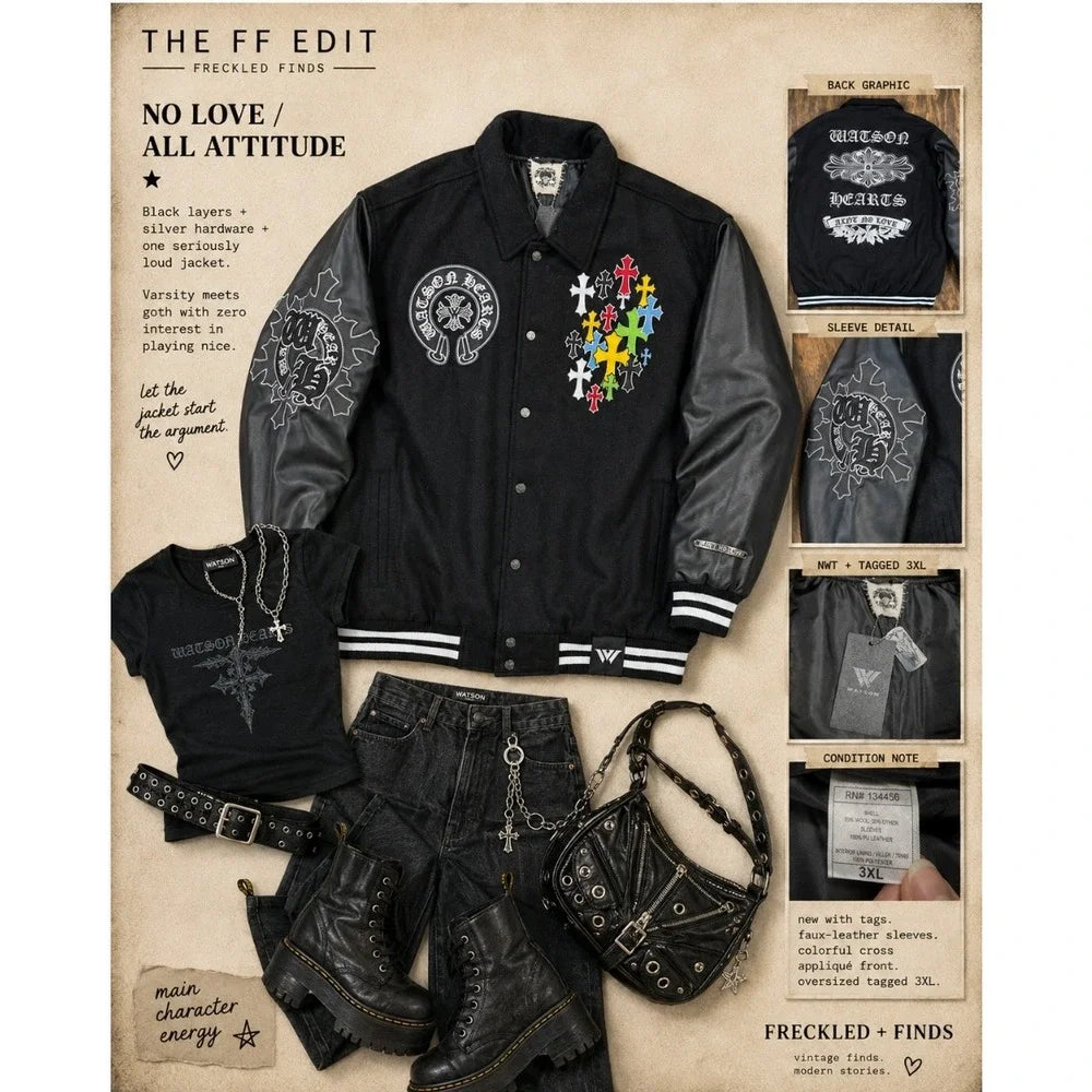 NWT Watson Hearts Varsity Jacket 3XL Black Embroidered Faux Leather Gothic