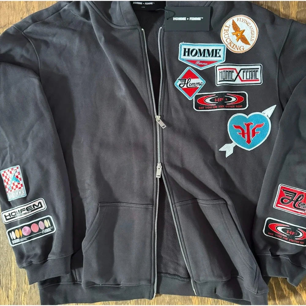 NWT Homme + Femme Road Trip Zip Hoodie L Flying Angels Patchwork