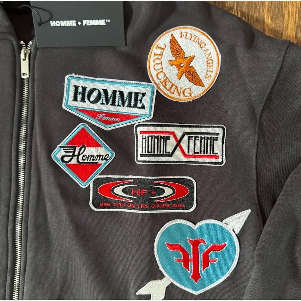 NWT Homme + Femme Road Trip Zip Hoodie L Flying Angels Patchwork