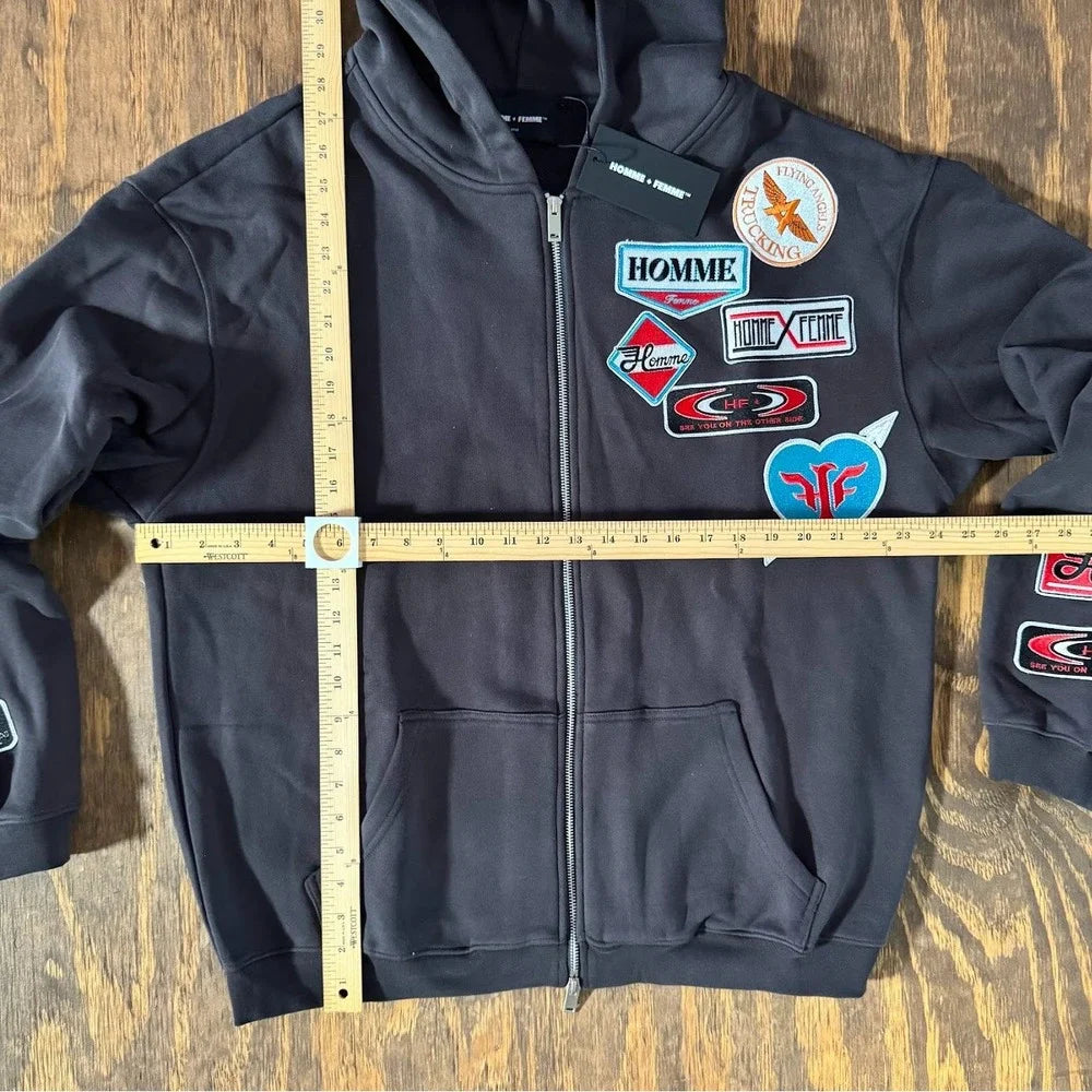 NWT Homme + Femme Road Trip Zip Hoodie L Flying Angels Patchwork