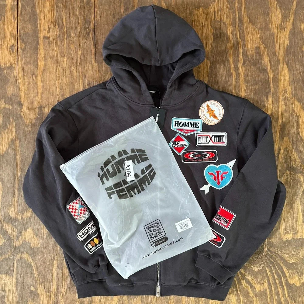 NWT Homme + Femme Road Trip Zip Hoodie L Flying Angels Patchwork